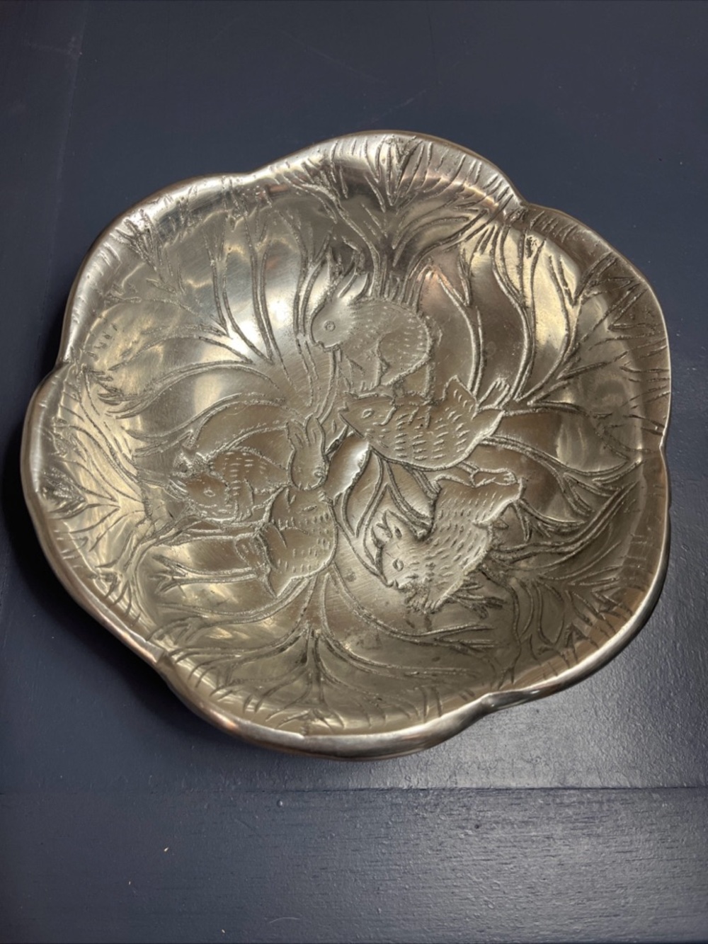 Vintage decorative bowl is an Arthur Court style cast aluminum or pewter Cabbage